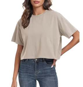 T-shirts courts d'entraînement surdimensionnés pour femmes col rond manches courtes décontracté ample été culture t-shirt hauts coton - Product Image 3