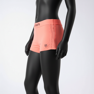 Shorts de mujer tipo booty, tela elástica de poliéster y spandex de primera calidad, color naranja coral, logotipo personalizado por transferencia térmica, shorts tipo booty para mujer. - Product Image 3