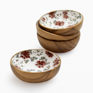 ชามไม้อะคาเซียแบบพรีเมี่ยมพร้อมจานลายดอกไม้เคลือบสีเงินสำหรับตกแต่งห้องรับประทานอาหารและใช้ในชีวิตประจำวัน - Product Image 6