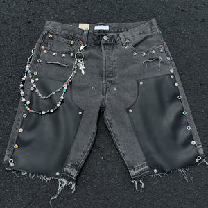 <span class=keywords><strong>Shorts</strong></span> personalizzati in Denim da uomo con catena in <span class=keywords><strong>pelle</strong></span> rattoppata Streetwear da uomo - Product Image 1
