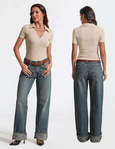 Polo de Manga Corta para Mujer, Color Beige, Tejido de Punto, Estilo Casual, Cuello en V, Mezcla de Algodón y Spandex, Transpirable, Corte Regular - Product Image 2