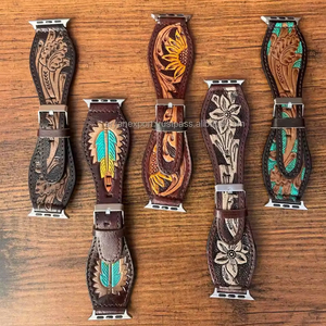 Boho Western Hand Painted Sunflower <b>Tooled</b> Leather Smart <b>Watch</b> <b>Straps</b> Stylish Phone <b>Watch</b> Band Real Genuine Leather <b>Straps</b> - Product Image 2