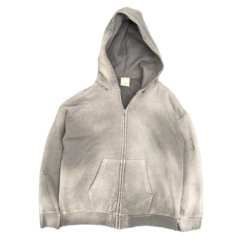 Tùy Chỉnh Dây Kéo Áo Cotton Pháp Terry Áo Nỉ Trống Đầy Đủ Zip up Cổ Điển Rửa Axit Mặt Trời Faded Hoodies Người Đàn Ông