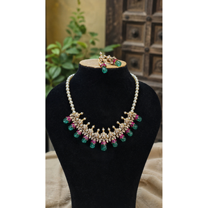 Conjunto de Collar de Perlas Kundan con Engaste de Garras Clásico de Lujo para Mujer, Joyería Nupcial con Piedra Verde, Conjunto de Boda Polki Chapado en Oro Claro - Product Image 1