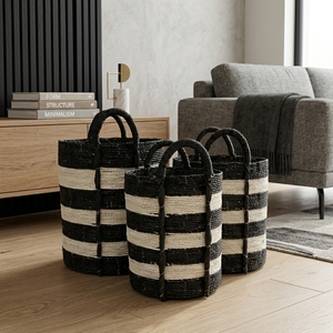 Hand Woven Recycled <b>Plastic</b> Rope Storage <b>Basket</b> Set Black White Stripe Arch Handle Pot Planter Organizer Setup Decor Pure Art - Product Image 4