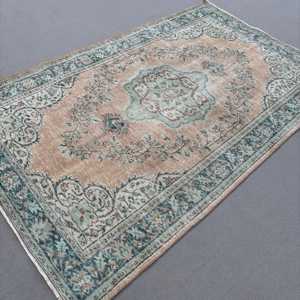 Alfombra Vintage de 5.1x8.2 pies, Alfombra Turca Grande, Alfombra Marroquí de Lana Azul Marrón - Product Image 2