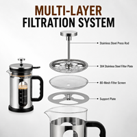 Cafetière à piston en acier inoxydable de 800 ml avec verre borosilicate, filtre 304 et couvercle à pression – Vente en gros