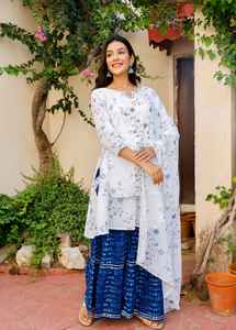 Ocasión Ropa India Para Mujer Estampado Diseñador Cuello Manga Tres Cuartos Kurti Palazzo Con Duppata - Product Image 5