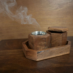 Pot de bougie en bois fait à la main ensemble islamique de 3 nacres Bakhoor boîte et plateau incrustation d'os vadrouille décor à la maison brûleur luxueux - Product Image 2