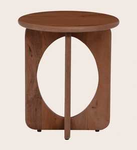 Mesa auxiliar redonda de madera de mango con base de corte abstracto para sala de estar dormitorio - Product Image 2