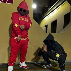 100% algodón Color sólido hombres conjuntos de chándal apilados hombres vintage lavado ácido Flare pantalones de chándal y sudaderas con capucha chándal hombres - Product Image 4