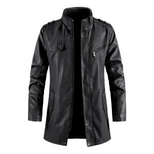 Nuevas chaquetas largas de cuero de invierno para hombre, rompevientos con cuello levantado, abrigos de cuero cálidos informales para motocicleta, ropa para hombre - Product Image 4