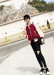 High Quality Splicing Color Leather Sleeves Women's Varsity Jackets Button Down <b>Distressed</b> Outerwear Classic Oversized Jacket - Product Image 4