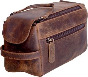 Trousse de Toilette Vintage en Cuir Taille Moyenne avec Fermeture Éclair et Poignée Souple pour Hommes - Product Image 1