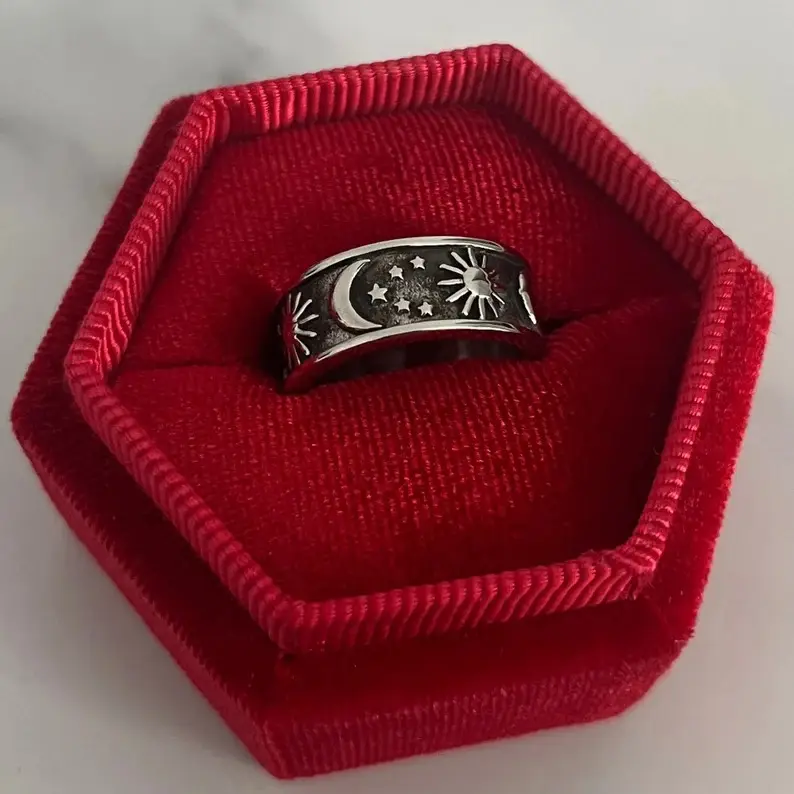 Sieraden Fabrikant Custom Mode 925 Sterling Zilveren Ring Zwart Oxideren Star Moon Unieke Ontwerp Unisex Sieraden