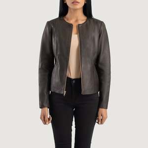 <b>Womens</b> Brown Leather Collarless <b>Jacket</b> - Product Image 1
