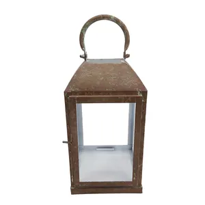 玻璃和铁方形灯笼，带手柄，浅绿色和棕色烛台，用于家庭和花园装饰