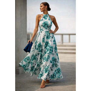 Robe longue à col roulé et épaules dénudées pour femme, motif imprimé, 36851 - Vert - Product Image 3