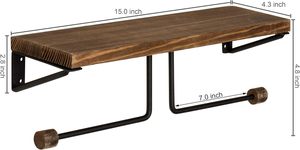 Portarrollos de papel higiénico de baño de madera quemada montada en la pared con barra de metal doble y estante de exhibición de 15 pulgadas - Product Image 4