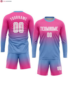 Sublimación personalizada de manga larga uniforme de fútbol Jersey Rosa Blanco-Azul marino se desvanecen conjunto de moda 100% material de poliéster - Product Image 3