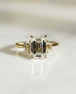 12x8mm <b>Emerald</b> Cut Moissanite Engagement <b>Ring</b> | Three Stone with Trapezoid Side Stones | Gold or <b>Silver</b> Fine Jewelry OEM - Product Image 1