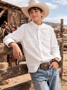 Nouvelle chemise de cowboy blanche pour adolescents, manches longues, en polyester/coton uni, style western décontracté, respirante, en popeline, pour le printemps - Product Image 1