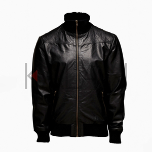 Veste en cuir de mouton tendance printemps pour homme en toile noire avec col montant côtelé et col montant tanné - Product Image 1