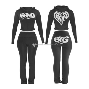 Conjunto Deportivo Casual de 2 Piezas para Mujer: Chaqueta Corta con Capucha y Pantalones Ajustados con Cordón, Chándal Básico de Corte Ajustado y Sólido - Product Image 2