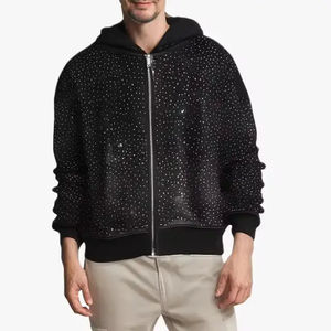 Sweats à capuche surdimensionnés personnalisés avec fermeture éclair en strass, streetwear lourd, 100% coton pour hommes, fabricant de sweats à capuche entièrement en strass - Product Image 1