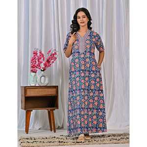 Vestido de Dormir 100% Algodón con Estampado Jaal Hecho a Mano, Camisón Suave Tejido con Diseño Floral y Botones, ODM 3XL para Damas de Honor - Product Image 3