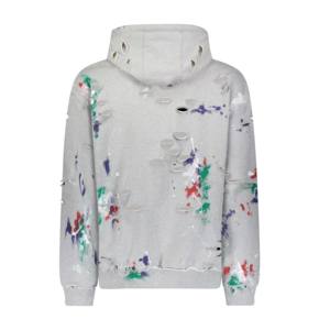 เสื้อฮู้ดดี้วินเทจทรงโอเวอร์ไซส์แบบซิป ผู้ชาย ผ้าฝ้ายผสมโพลีเอสเตอร์ แต่งขาด กระเป๋าจิงโจ้ ผ้าเฟรนช์เทอร์รี่ ลุคดิสเทรส - Product Image 2