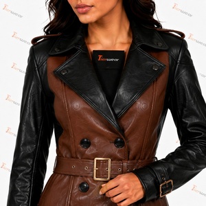 Tiierwear <b>Women's</b> Faux Leather Maxi Trench <b>Coat</b> <b>Double</b> <b>Breasted</b> Notched Collar Full Sleeve Windproof Autumn Outerwear - Product Image 6