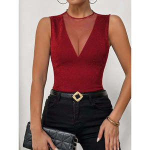 Women's Sleeveless Tulle Round Neck Deep V-Neck <b>Glitter</b> Blouse, 36067 - <b>Red</b> - Product Image 2