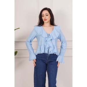 Blusa Elegante para Mujer LUSTRIN, con Detalle de Encaje Azul, Cuello con Lazo, 100% Poliéster, Manga Larga, Estilo Casual para Uso Diario - Product Image 4