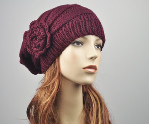 Women's Winter Wool Beret Hat Hand Knit Oversized <b>Bonnet</b> with Crochet Flower Charcoal/Dark Grey for Outdoor/Casual Wear - Product Image 4