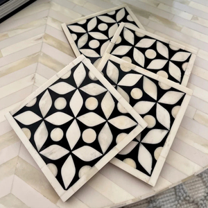 MUGHALCRAFTS Natural Bone Inlay Coaster <b>Set</b> of 4 Eco-Friendly Classic Style <b>Square</b> Pad with Stand for Kitchen Table Sustainable - Product Image 1