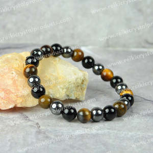 Bracelet de perles rondes certifié triple protection 8 mm - Hématite, Œil de tigre et Obsidienne noire pour la mise à la terre - Product Image 3