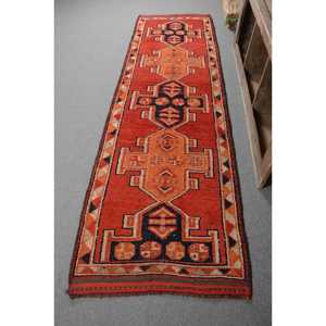 พรมสไตล์วินเทจของตุรกีดีไซน์คลาสสิคงานปะสีส้มแดงผ้าขนแกะ3.1 x 10.5ft สำหรับห้องนอนห้องโถง - Product Image 1