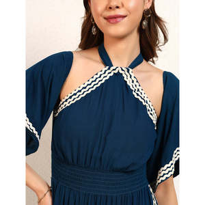 Deebaco Women's Navy Blue Chiffon Maxi <b>Dress</b> With Contrast Binding Cap Sleeve A-Line Boho Style Loose Fit Summer Casual <b>Dress</b> - Product Image 2