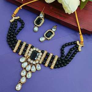 Joyería india, diamantes de imitación de cristal, perlas de imitación negras, Gargantilla nupcial con cuentas, collar, Pendientes colgantes, conjunto de joyería para mujer - Product Image 2