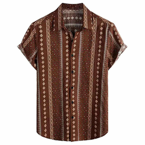 Chemise de plage tropicale à motif uni avec finition imprimée à col montant Style tricoté décontracté à manches courtes pour les évasions hawaïennes - Product Image 2