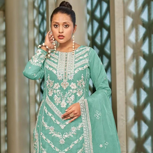 Elegante XL XXL Organza Shalwar Kameez Set Bordado Khalti Trabajo Viscosa Fondo de seda 4 piezas Fiesta de invierno Colección de secado rápido - Product Image 1