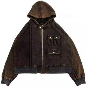 เสื้อฮู้ดดี้ครอปผ้าฝ้าย 100% สำหรับฤดูหนาว ปี 2025 ผลิตตามสั่ง สไตล์วินเทจ ซิปหน้า ล้างสีแบบแอซิดวอช แต่งลายปักแบบกำหนดเอง - Product Image 3