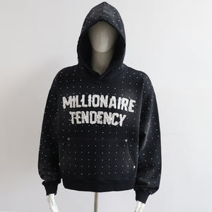 Heavy Weight Distress Applique Logo Washed Hoodies Full Body Rhinestone Black Oversized Cotton Blended Hooded - Product Image 1