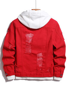 <b>Mens</b> Red Distressed Denim <b>Jacket</b> Ripped Jean Coat Slim Fit Cotton Outerwear Fashion Streetwear Casual <b>Trucker</b> Style Clothing - Product Image 5