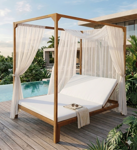 Lit de repos d'extérieur en teck avec coussin en mousse à mémoire de forme et dossier inclinable pour terrasse au bord de la piscine - Product Image 4