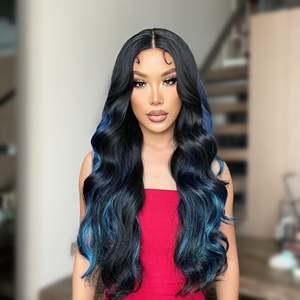 DWY 26-Inch Long <b>Black</b> Wavy <b>Wig</b> with Blue Highlights Synthetic Heat-Resistant Curly Daily Wear for Parties Transparent Lace - Product Image 5