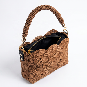 Handwoven Straw <b>Handbag</b> Floral Crochet Shoulder Bag <b>Chain</b> Strap Zipper Purse for Beach Travel Daily Use - Product Image 1