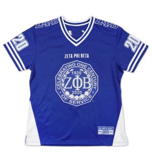 Camiseta de fútbol ZPB Centennial negro y azul real 100% poliéster Zeta Phi Beta 100th Anniversary Jersey con logotipos y escudos - Product Image 1