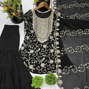 Ensemble Kurta Sharara noir brodé de luxe Unity, tissu en faux georgette de qualité supérieure - Product Image 1